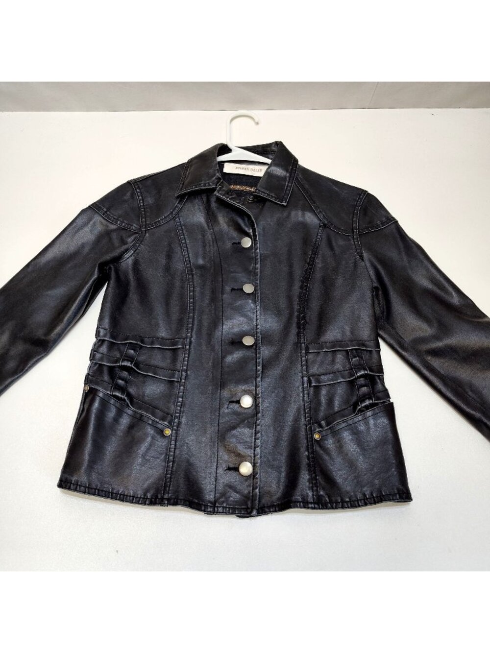 Paris Blue Faux Leather Jacket Small (3-5) Snap Buttons Leopard Trim Detail VGC